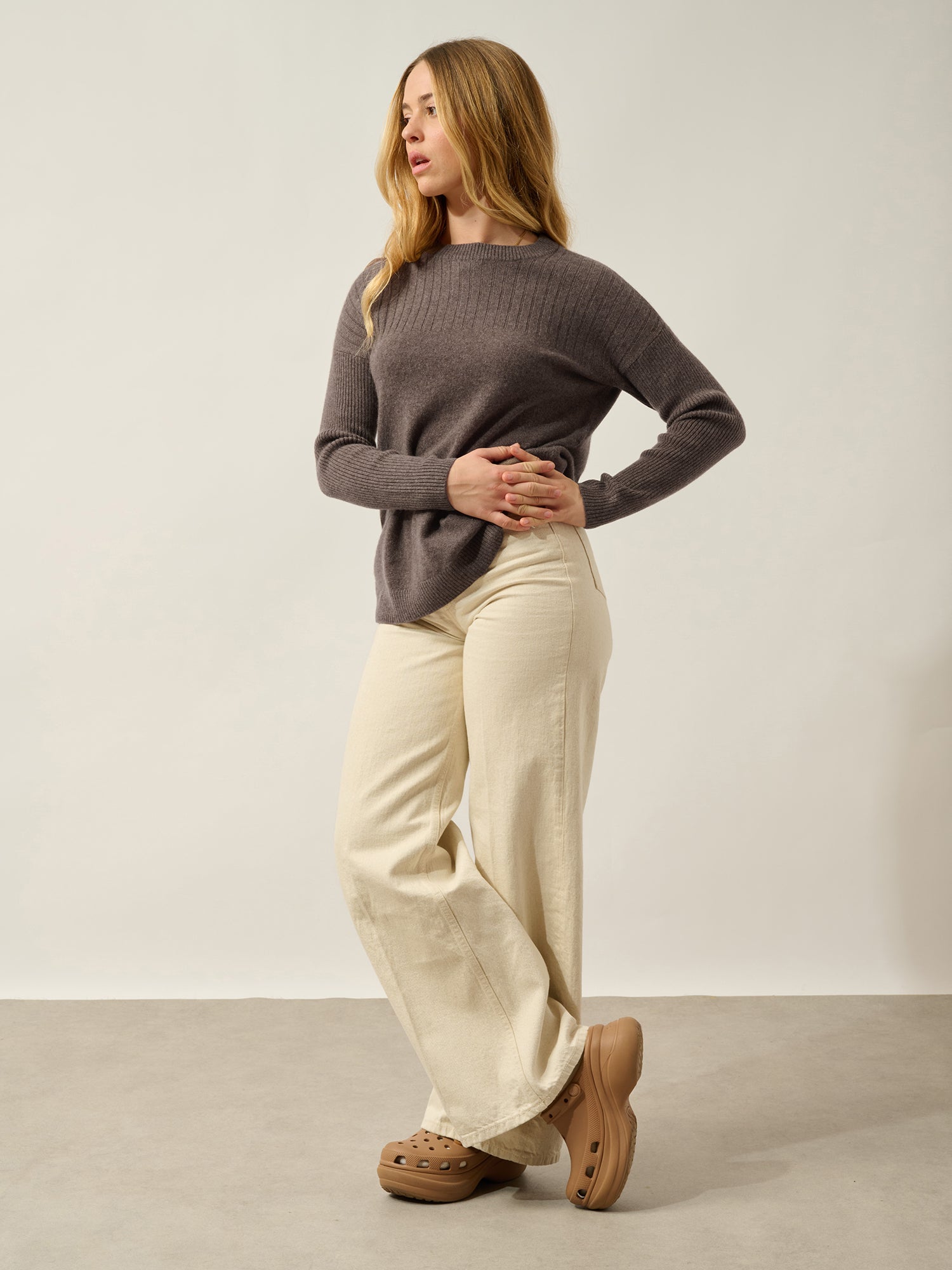 DARIA pull col rond taupe chiné 100% cachemire