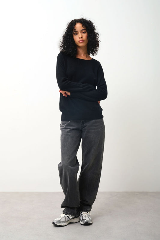 DIBONA black boat-neck drop-back sweater 100% cashmere