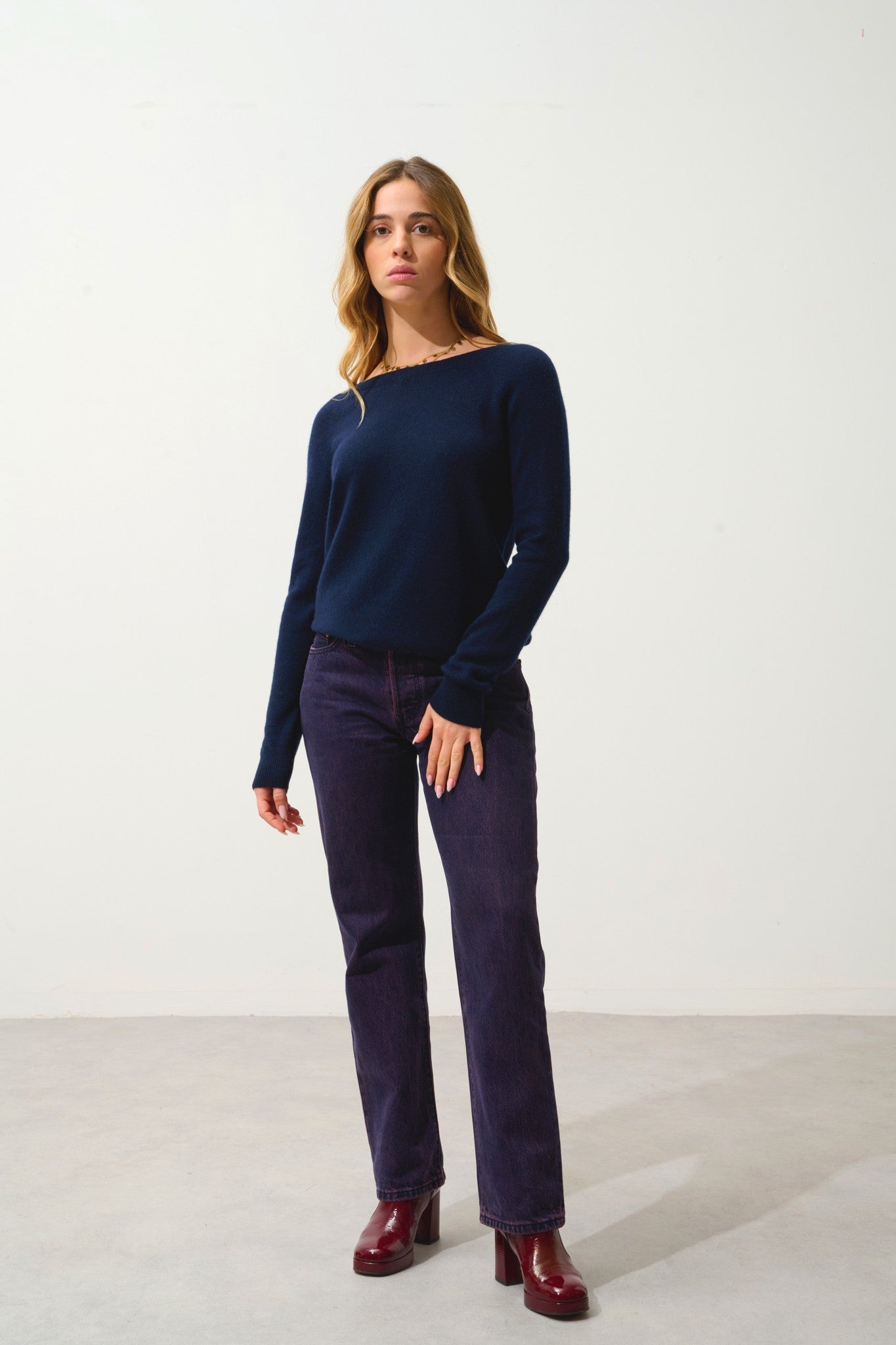 dibona pull col bateau goutte dos navy 100% cachemire