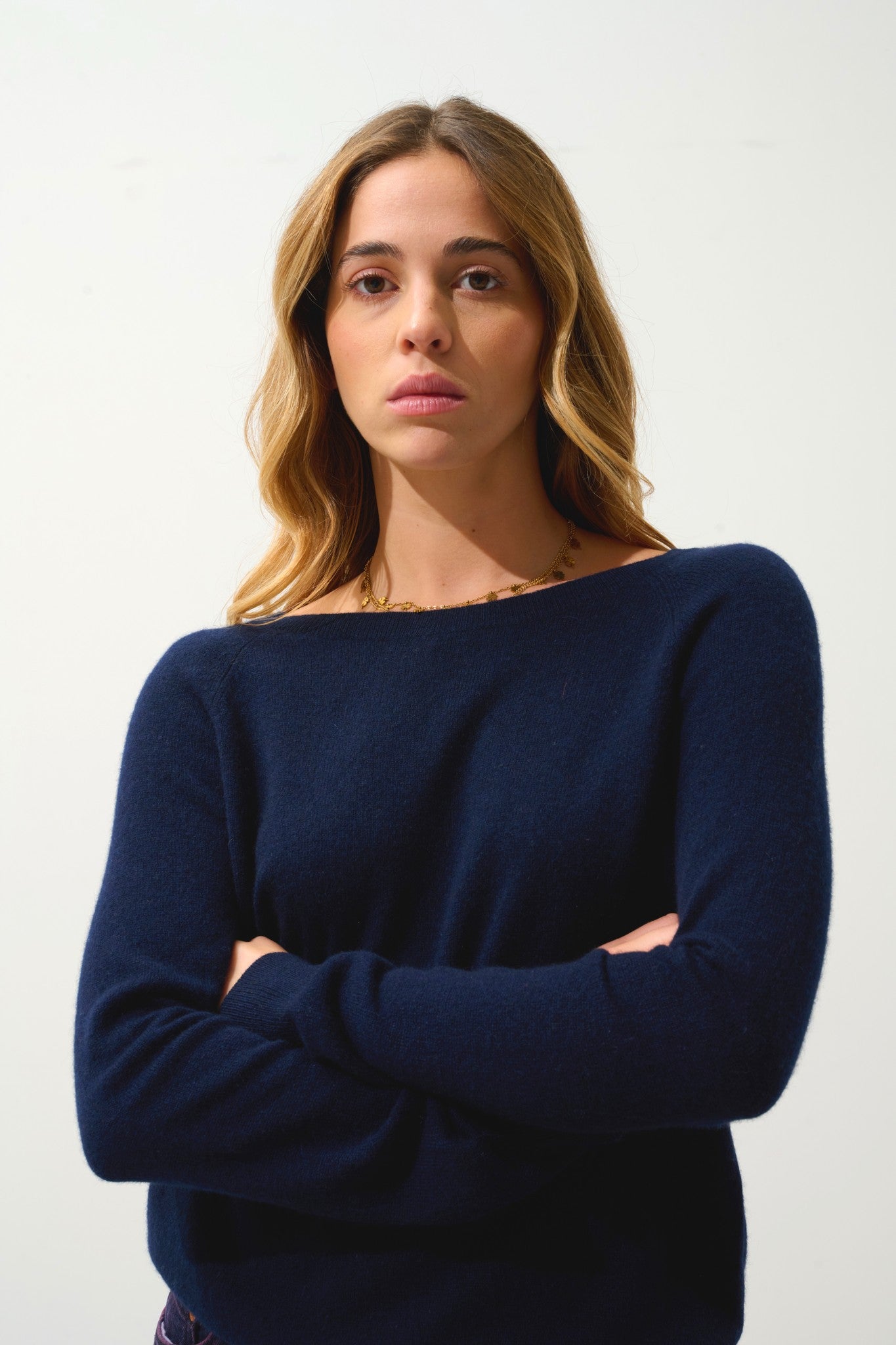 dibona pull col bateau goutte dos navy 100% cachemire