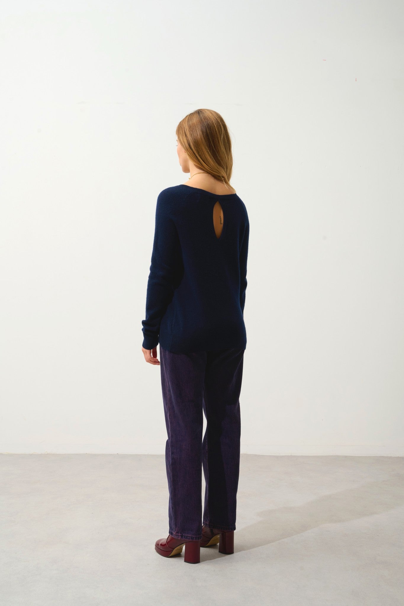 dibona pull col bateau goutte dos navy 100% cachemire