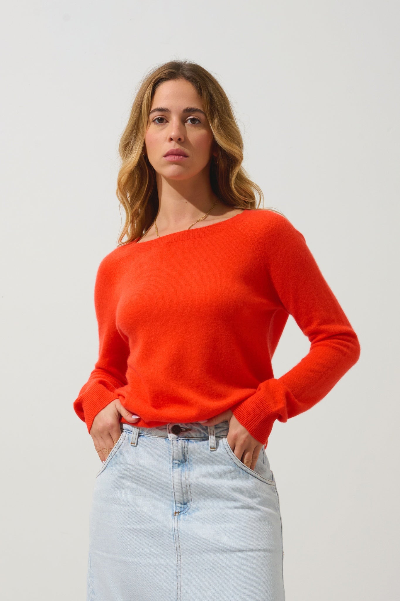 DIBONA pull col bateau goutte dos orange 100% cachemire