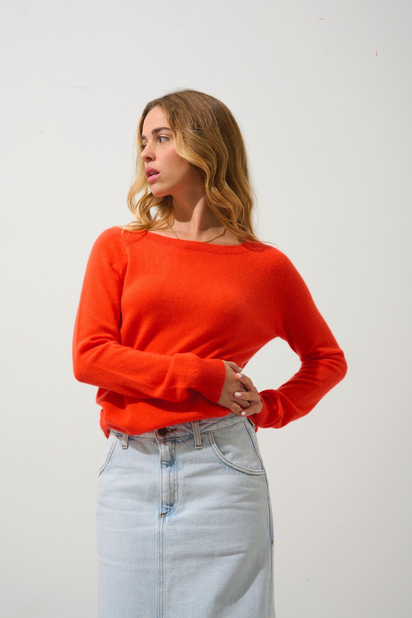 dibona pull col bateau goutte dos orange 100% cachemire