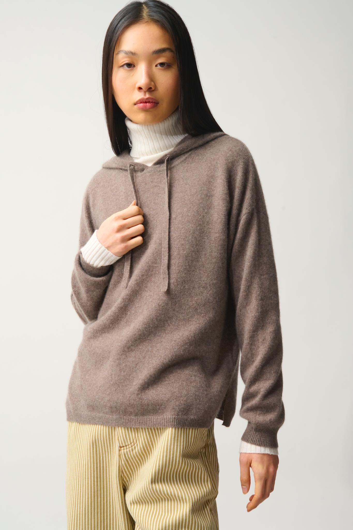 DORTE taupe mottled hooded sweater 100% cashmere