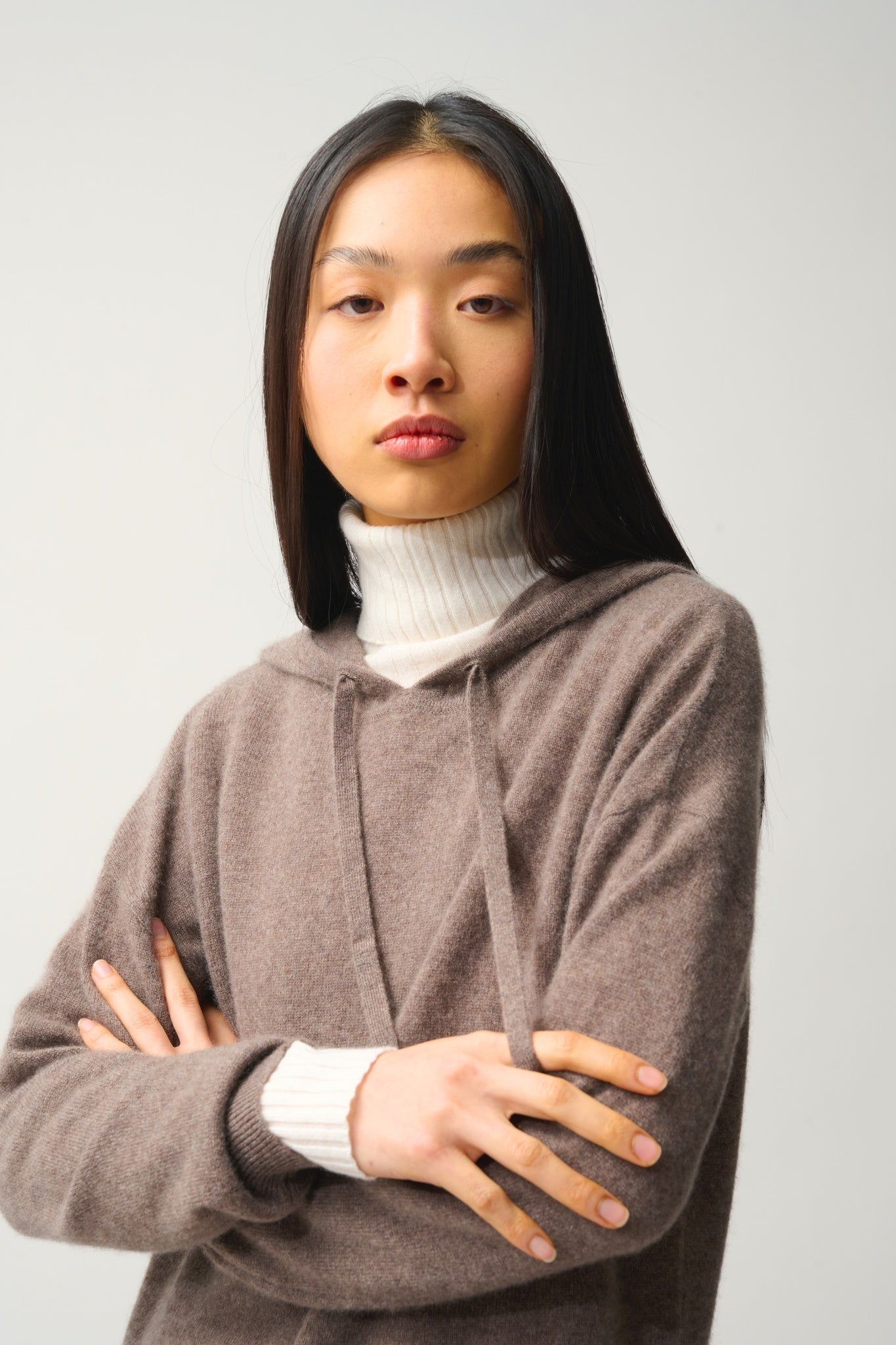 DORTE Kapuzenpullover taupe meliert 100% Kaschmir