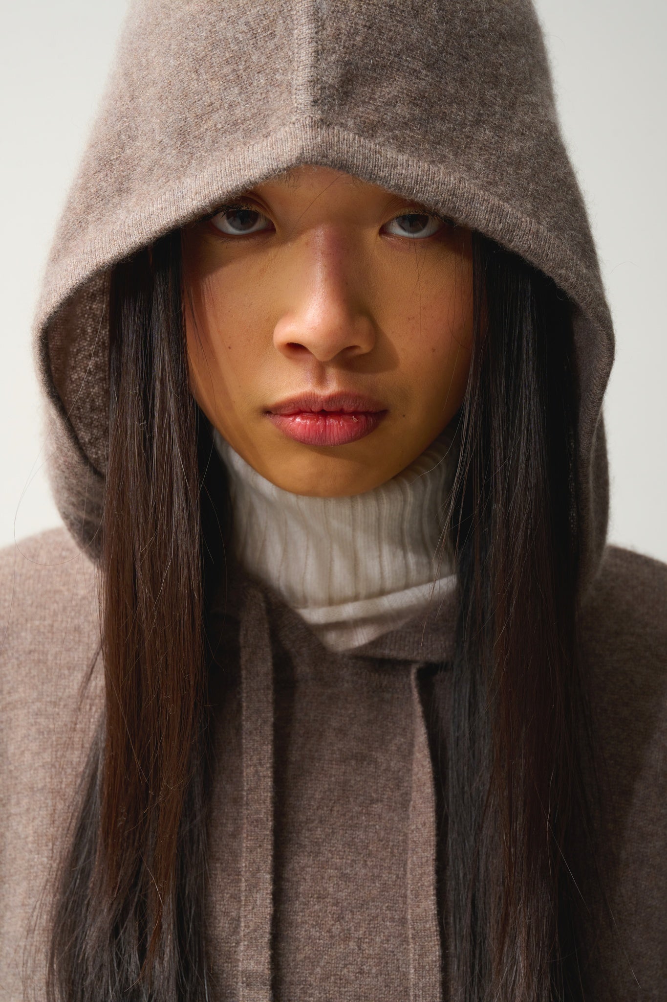 DORTE pull capuche taupe chiné 100% cachemire