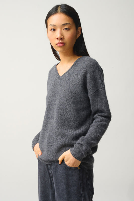 DOTY Pullover mit V-Ausschnitt 4 Fäden anthrazit meliert 100% Kaschmir