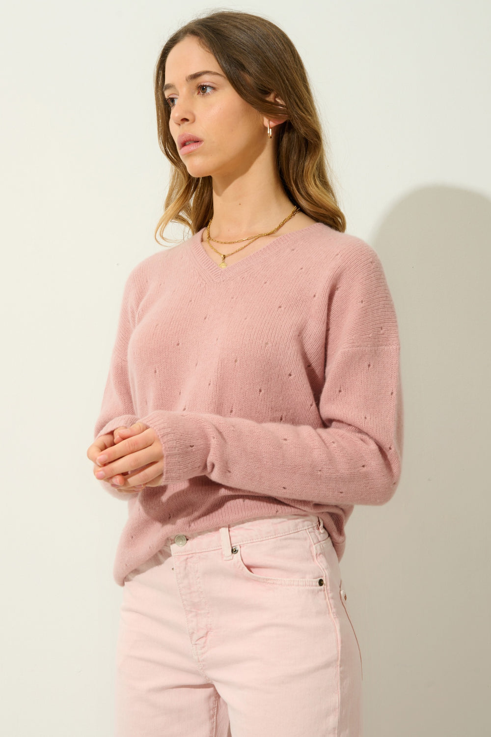 DOTY pull col v 4 fils bois de rose 100% cachemire