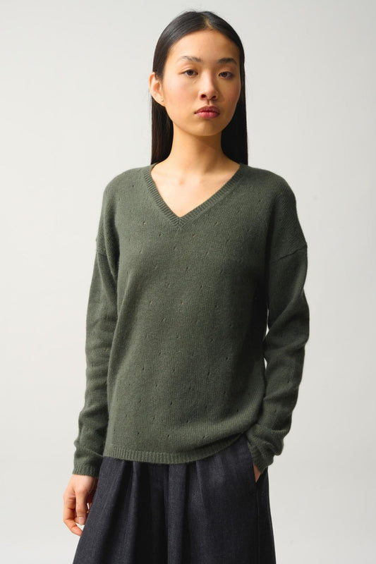 DOTY Pullover mit V-Ausschnitt 4 Fäden khaki 100% Kaschmir
