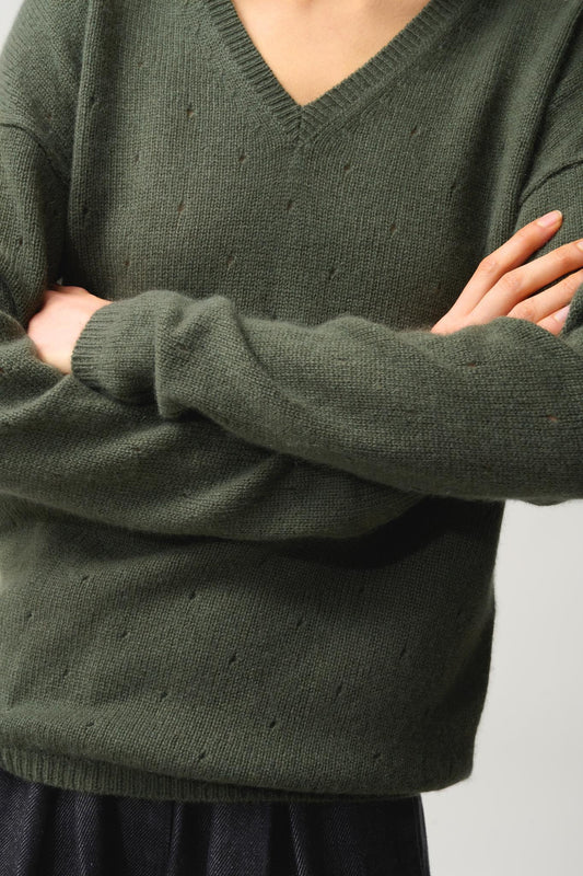 DOTY 4-thread khaki v-neck sweater 100% cashmere