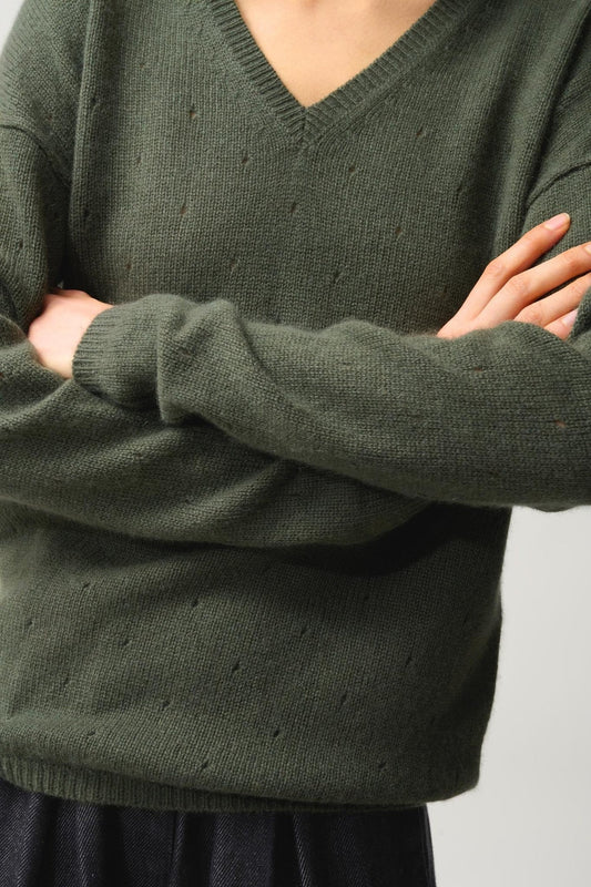 DOTY Pullover mit V-Ausschnitt 4 Fäden khaki 100% Kaschmir