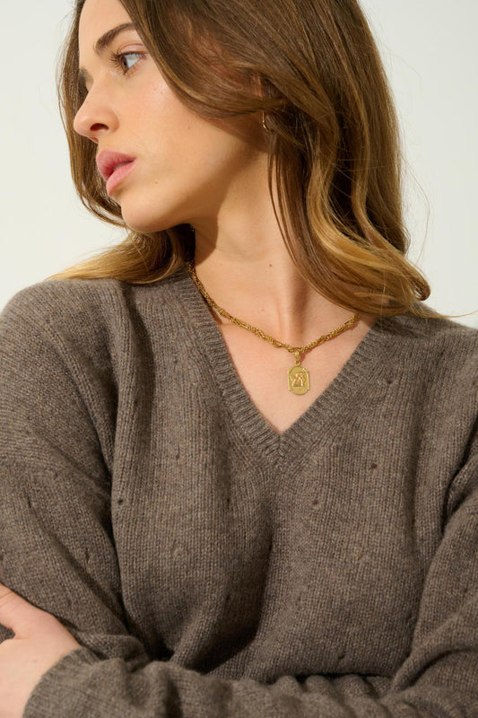 DOTY pull col v 4 fils taupe chiné 100% cachemire