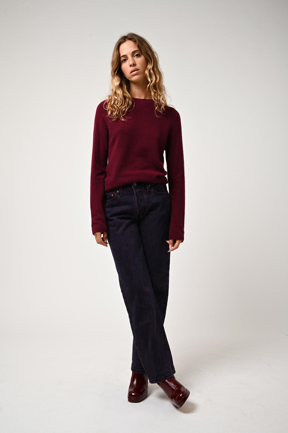 ECRIN pull col rond bordeaux 100% cachemire