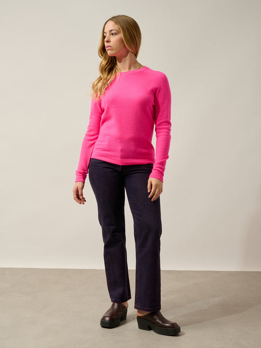 ECRIN pull col rond flamand rose fluo 100% cachemire