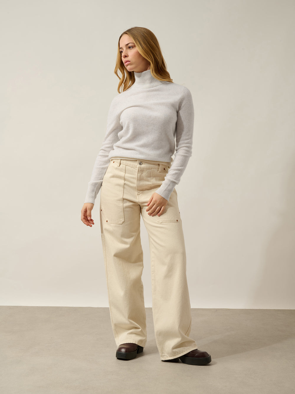 EILEEN pull col montant blanc chiné 100% cachemire