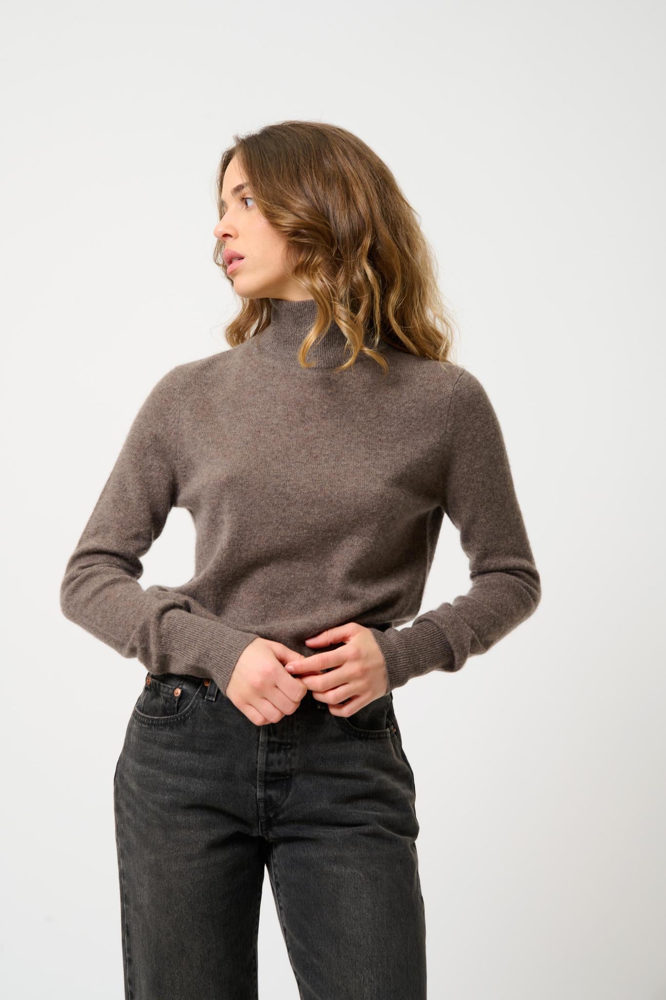 EILEEN pull col roulé taupe chiné 100% cachemire