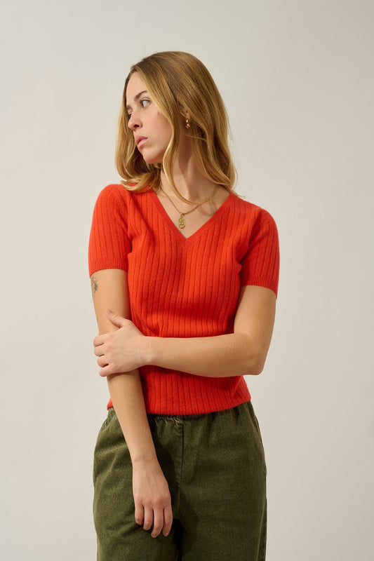 eira t-shirt col v orange 100% cachemire
