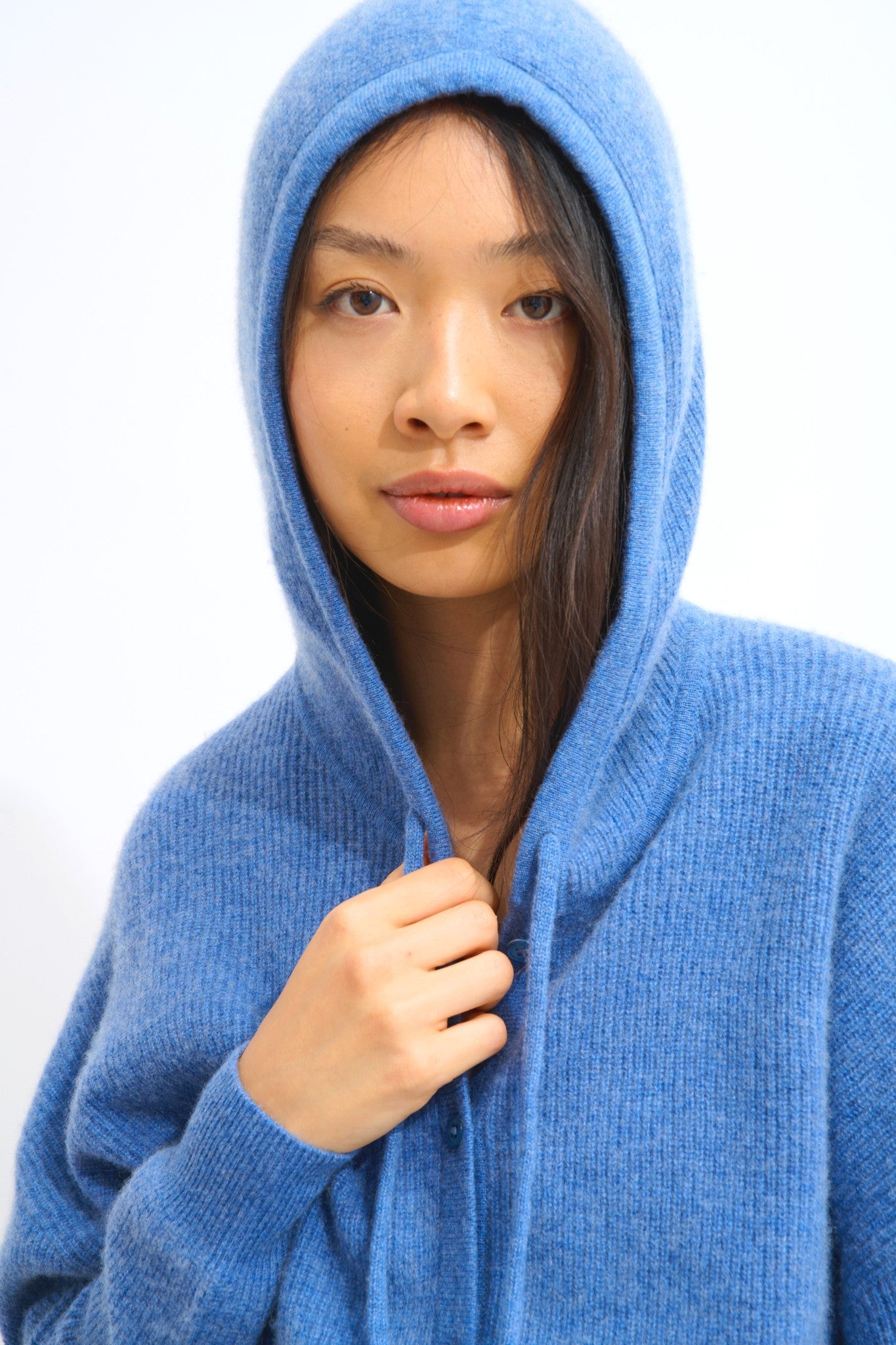 elara cardigan capuche bleu denim 100% cachemire