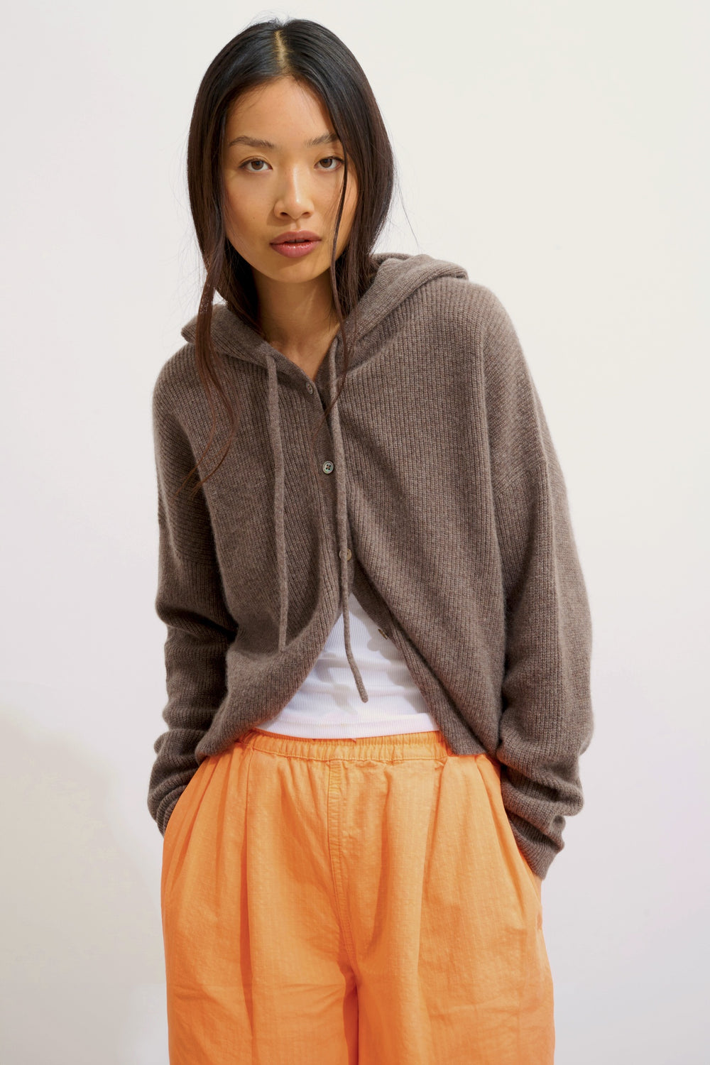 ELARA cardigan capuche taupe chiné 100% cachemire