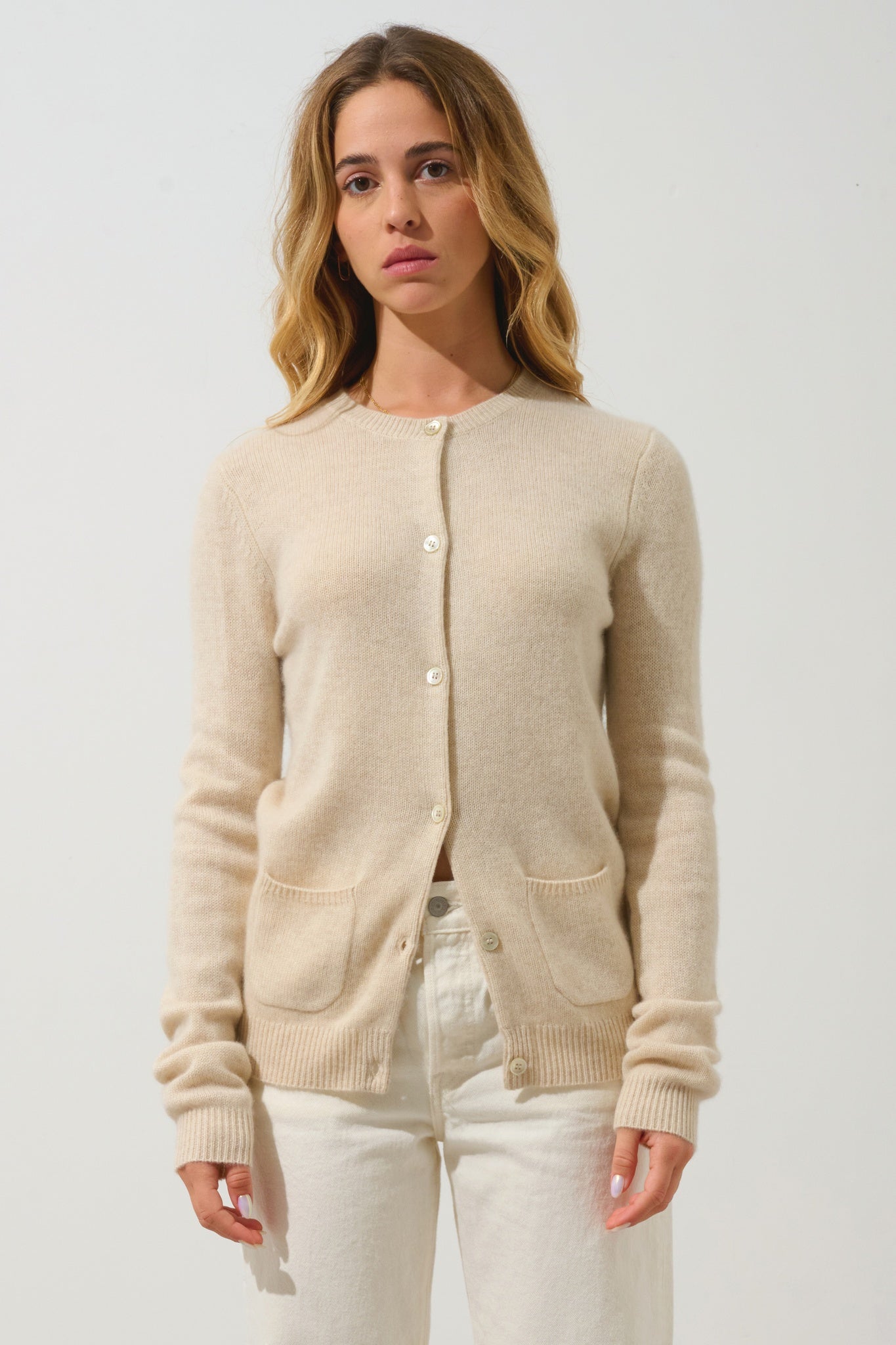 ELISE cardigan col rond 4 fils avoine 100% cachemire