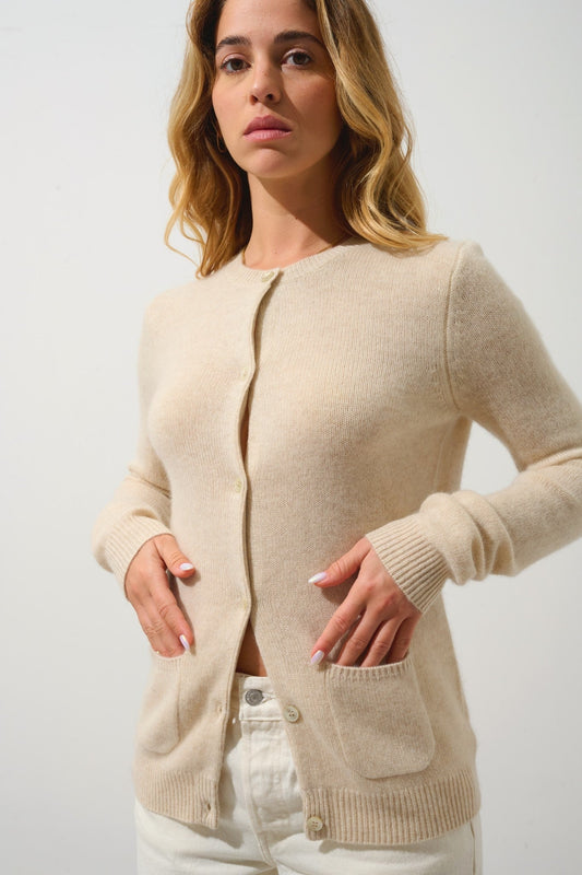 elise cardigan col rond 4 fils avoine 100% cachemire
