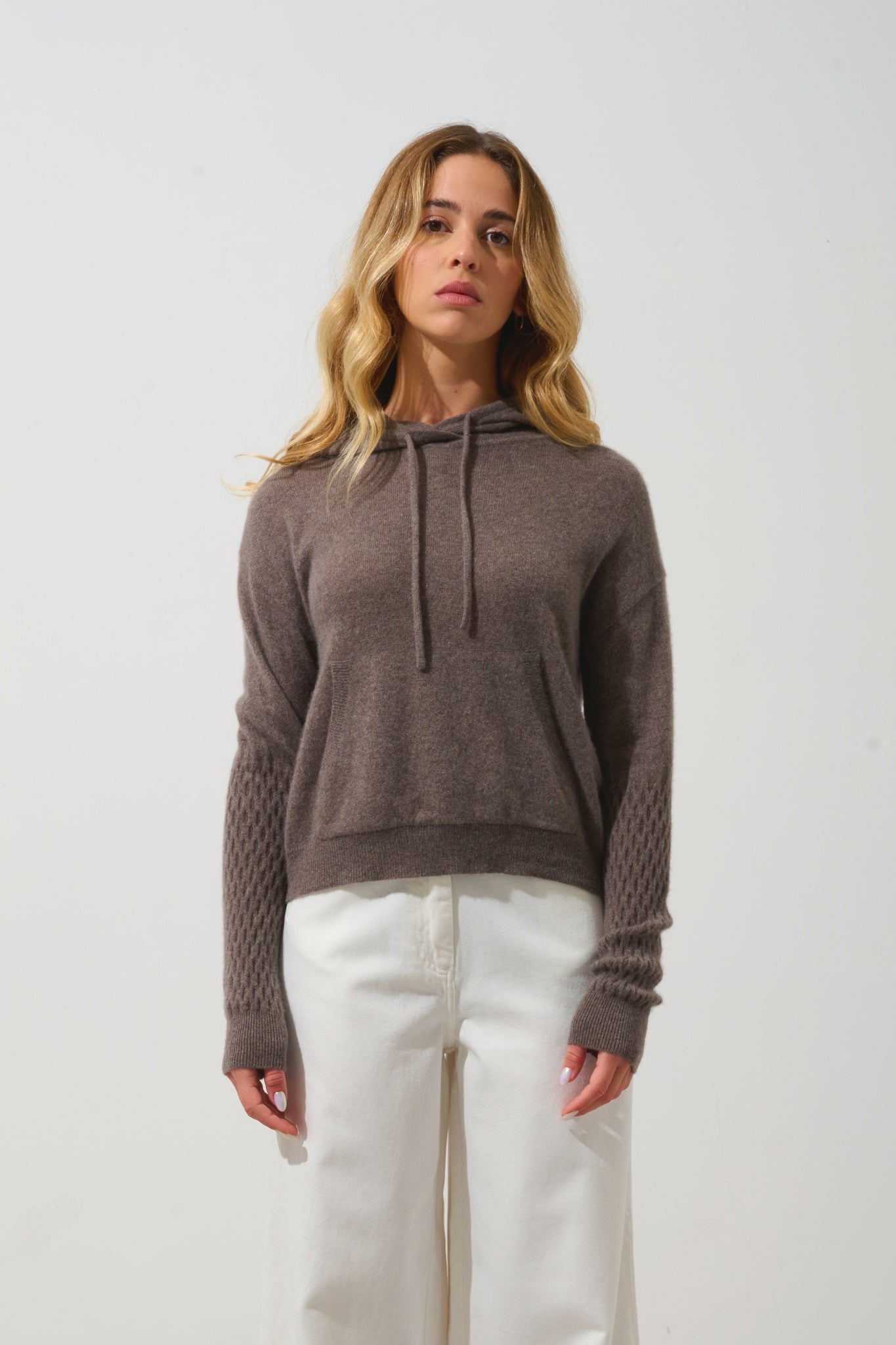 ELOWEN taupe mottled hoodie 100% cashmere