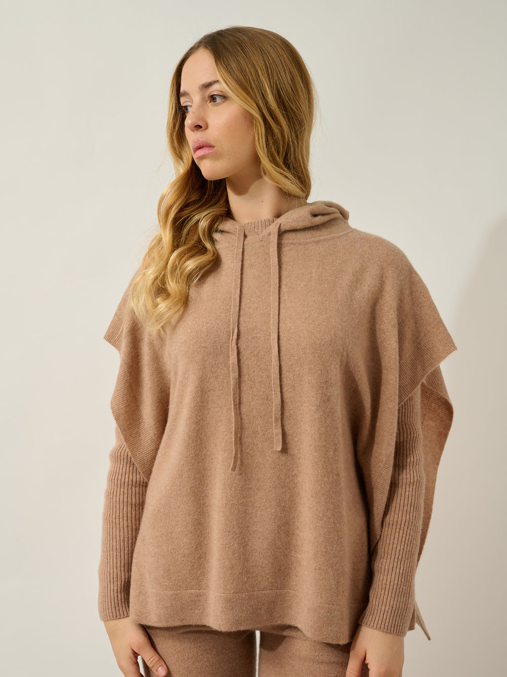 ELSA poncho capuche camel chiné 100% cachemire