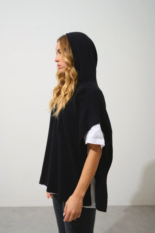 elsa poncho capuche noir 100% cachemire