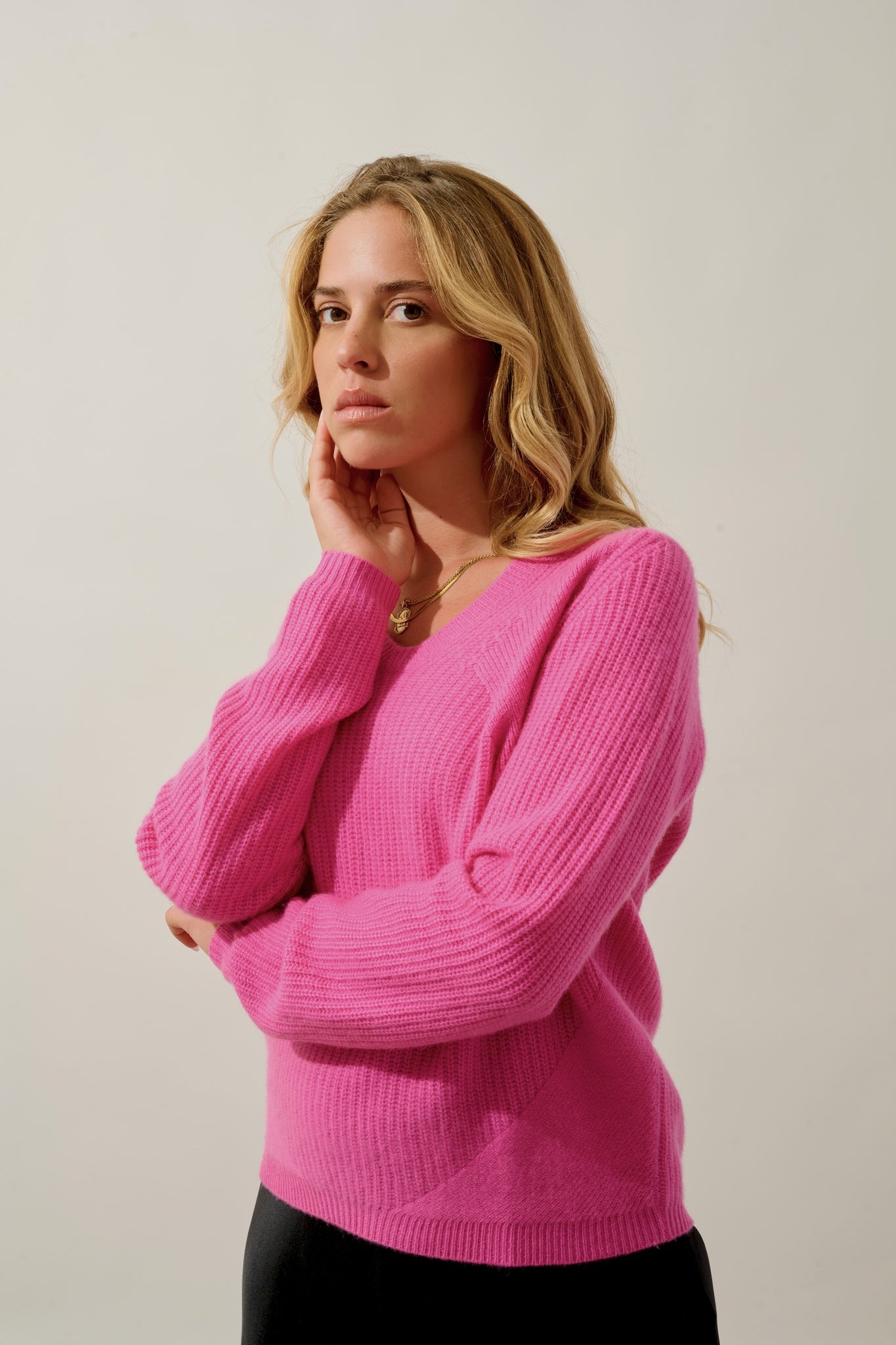 ELVARIS pull col v 4 fils rose 100% cachemire