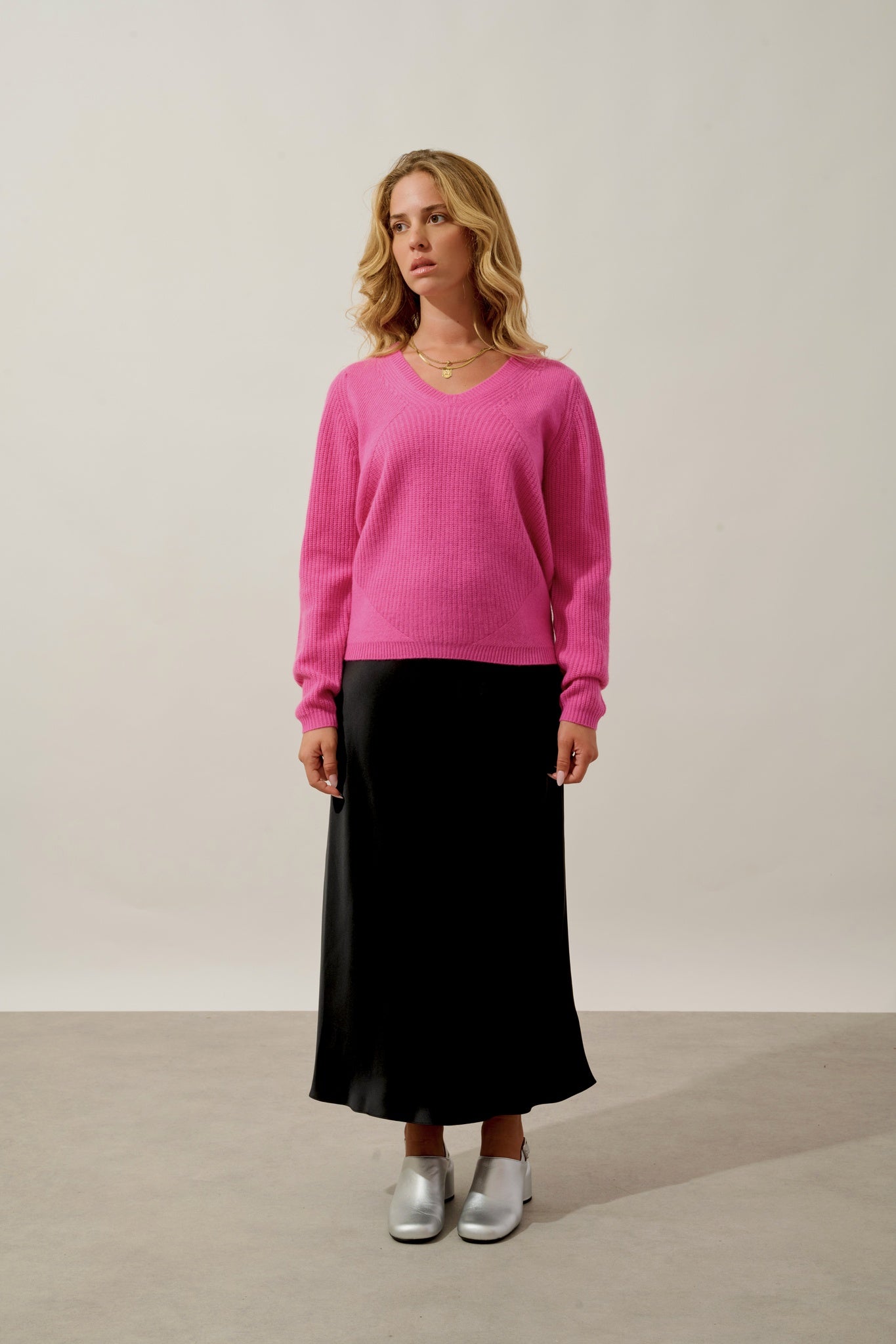 ELVARIS pull col v 4 fils rose 100% cachemire