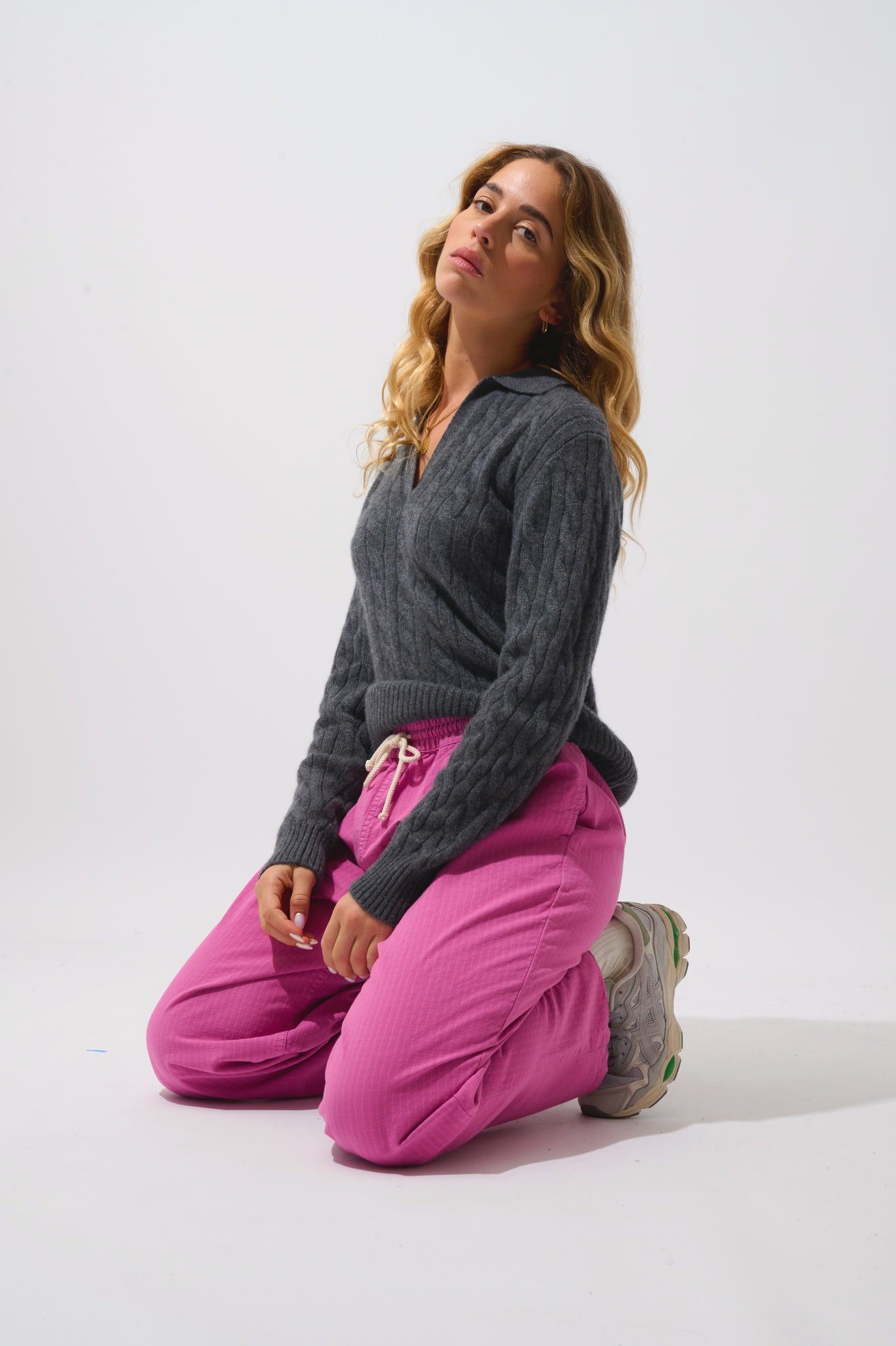 ELYSANDRA pull col polo ouvert 4 fils anthracite chiné 100% cachemire