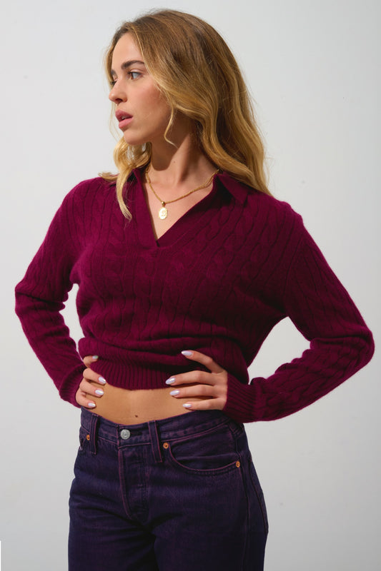 elysandra pull col polo ouvert 4 fils bordeaux 100% cachemire