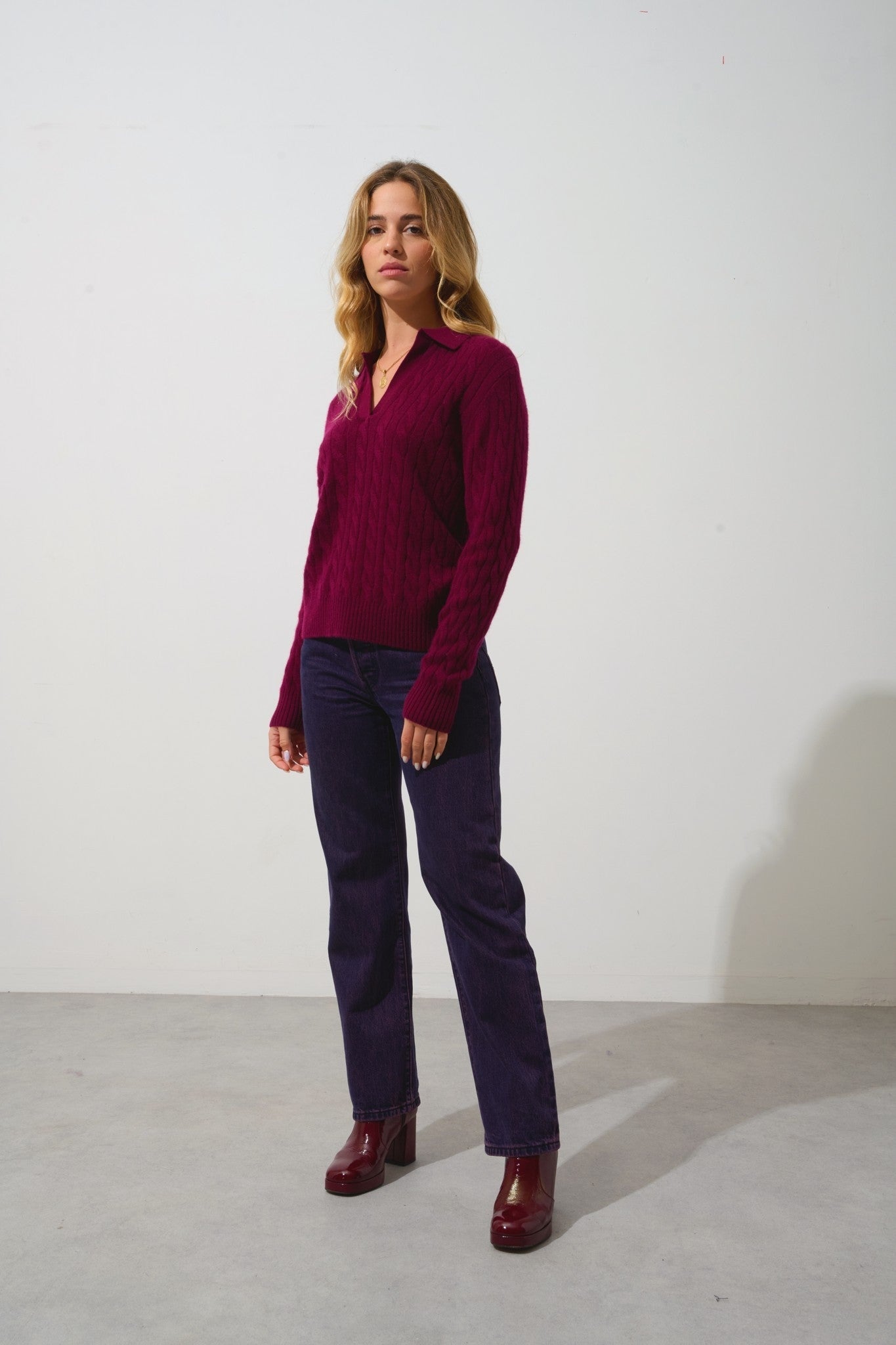 elysandra pull col polo ouvert 4 fils bordeaux 100% cachemire