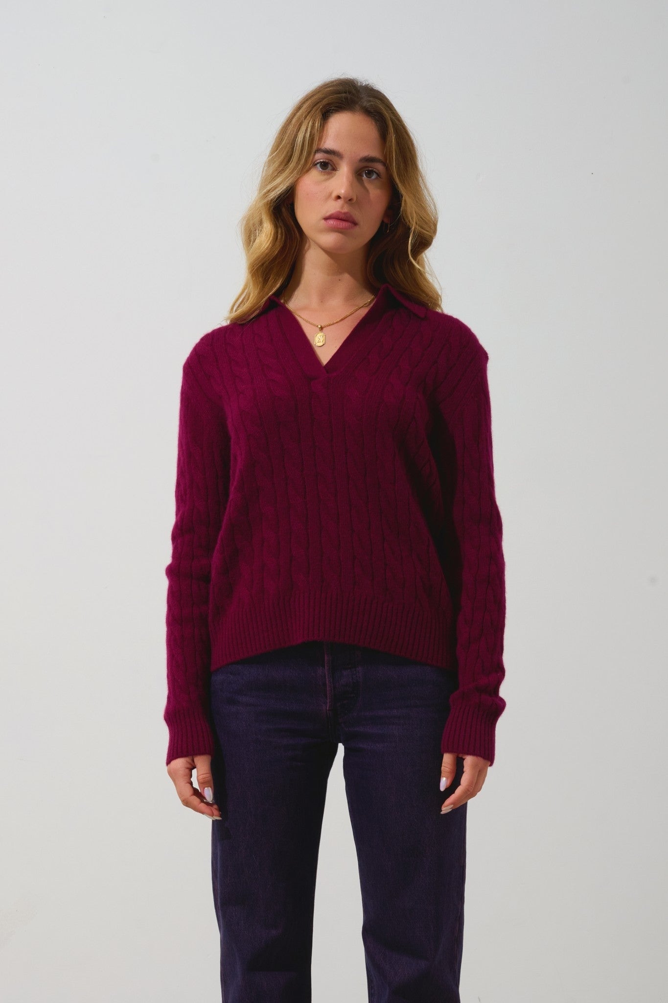 elysandra pull col polo ouvert 4 fils bordeaux 100% cachemire