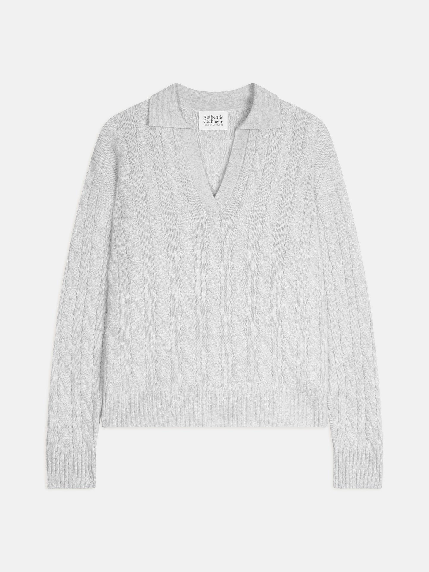 ELYSANDRA Pullover mit offenem Polokragen 4 Fäden perlgrau meliert 100% Kaschmir