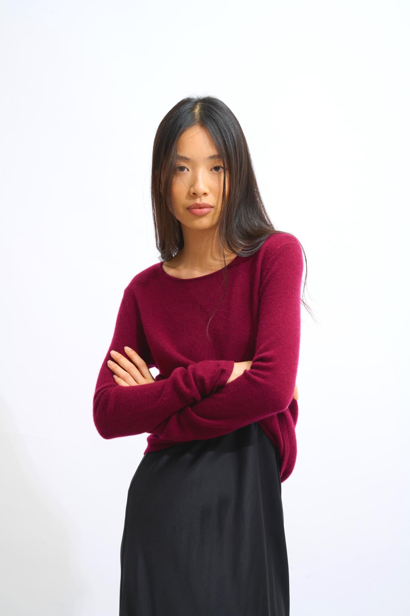 EPÉNA pull col rond bordeaux 100% cachemire