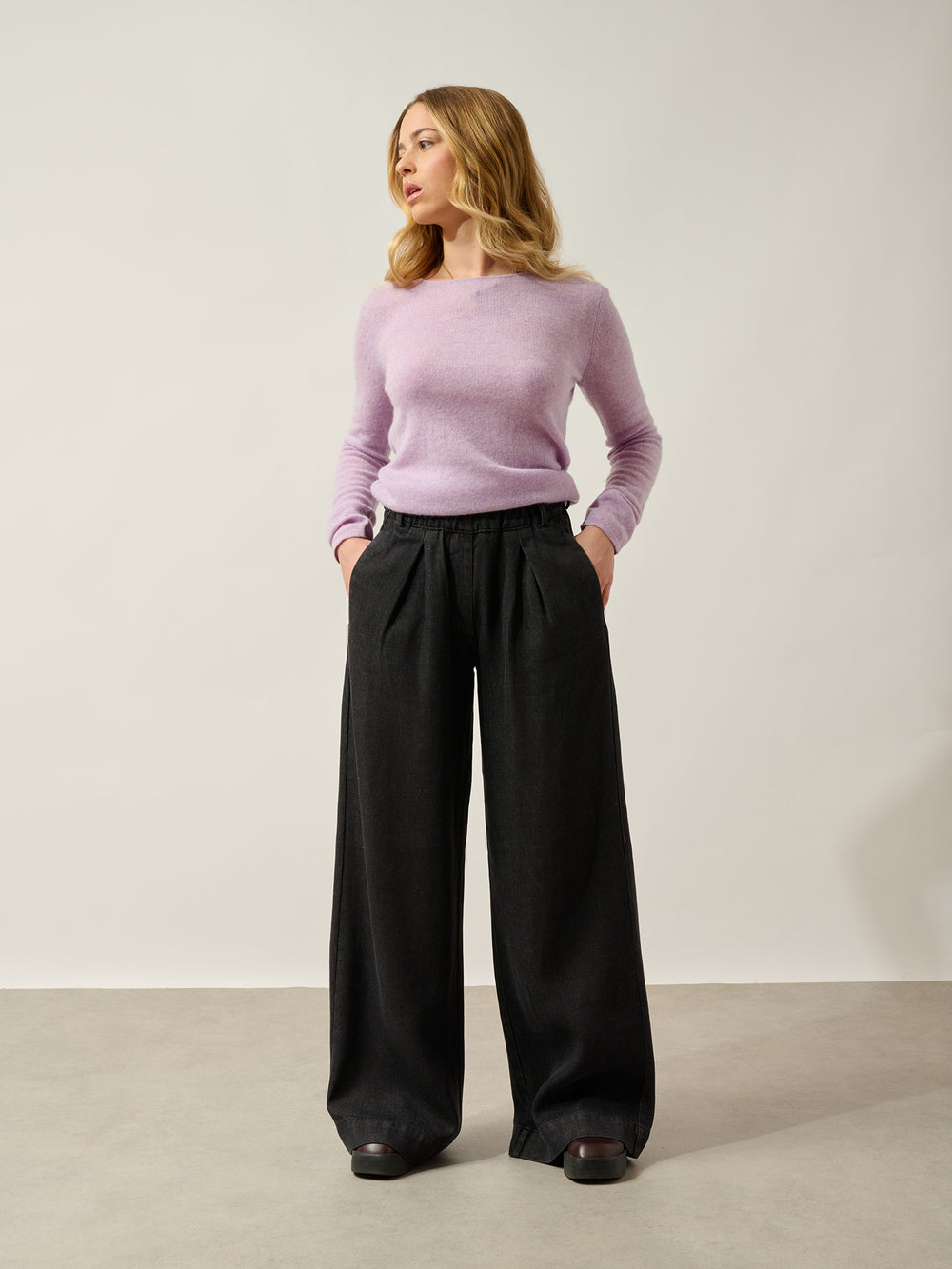 EPÉNA pull col rond mauve chiné 100% cachemire