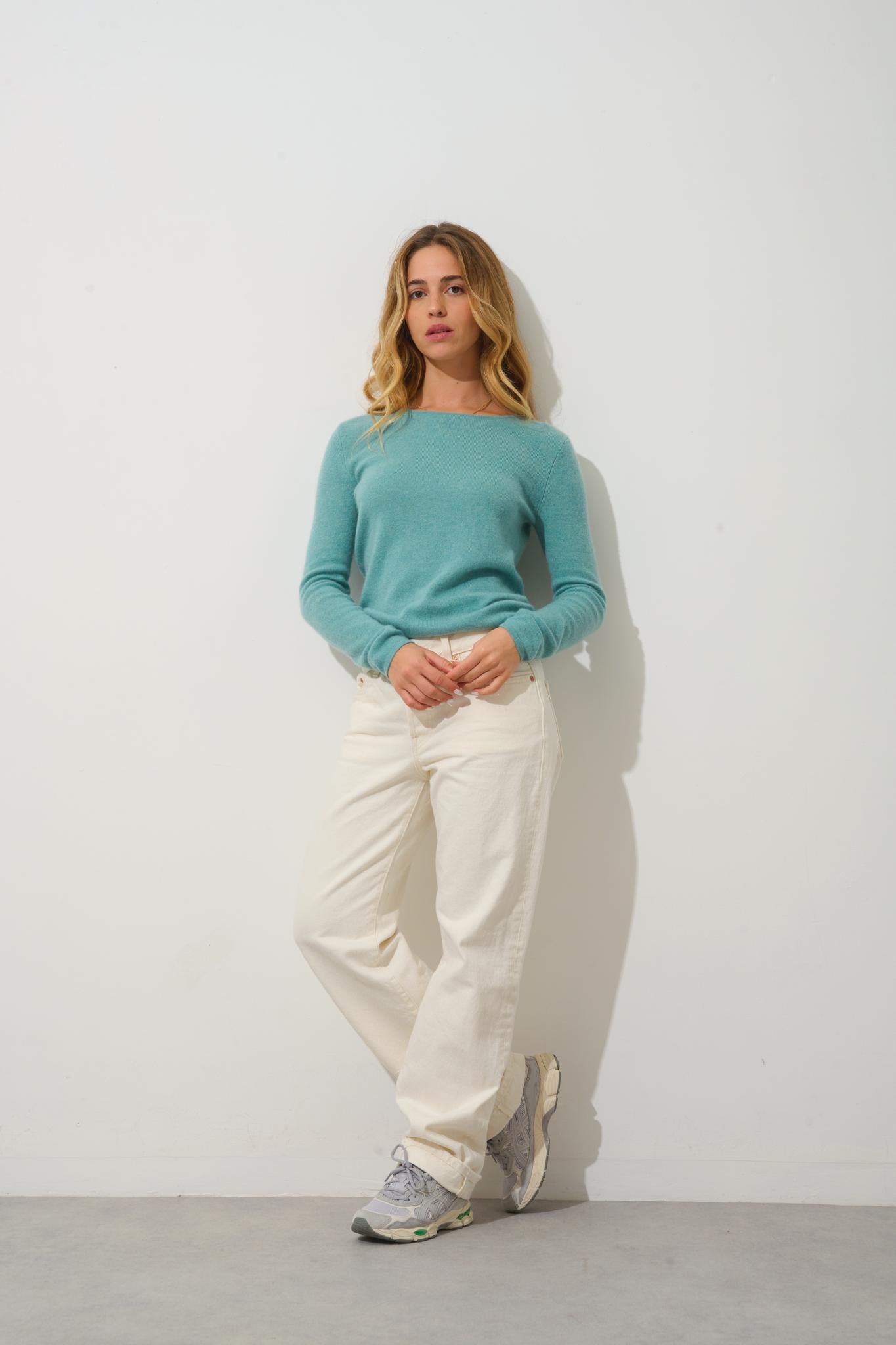 EPÉNA pull col rond vert chiné 100% cachemire