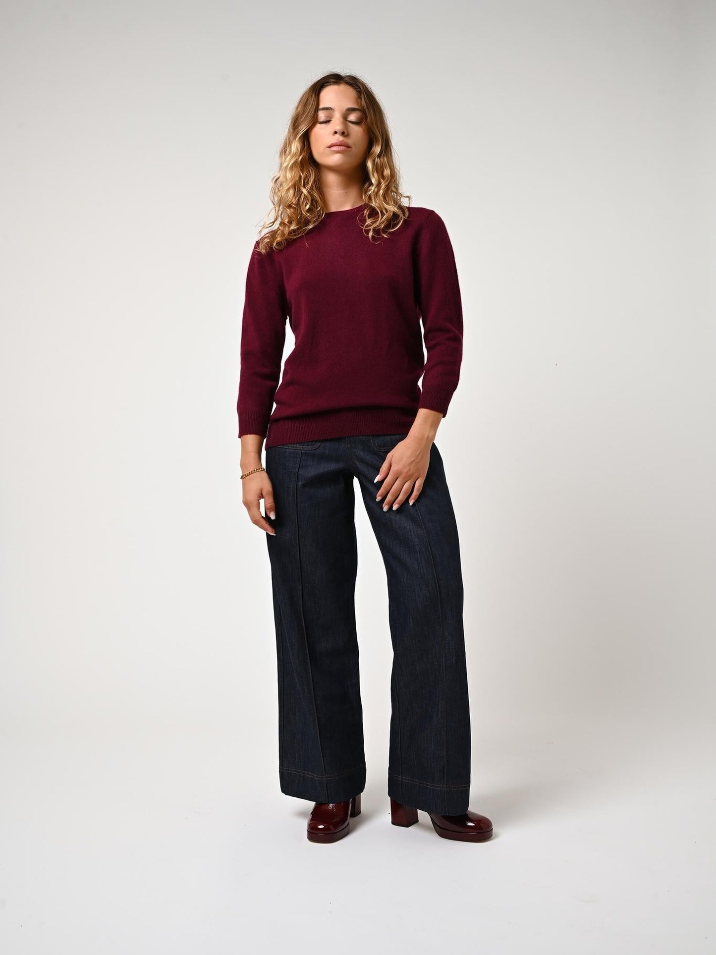 ESTARIS Pullover Rundhalsausschnitt geknöpft Rücken bordeauxrot 100% Kaschmir