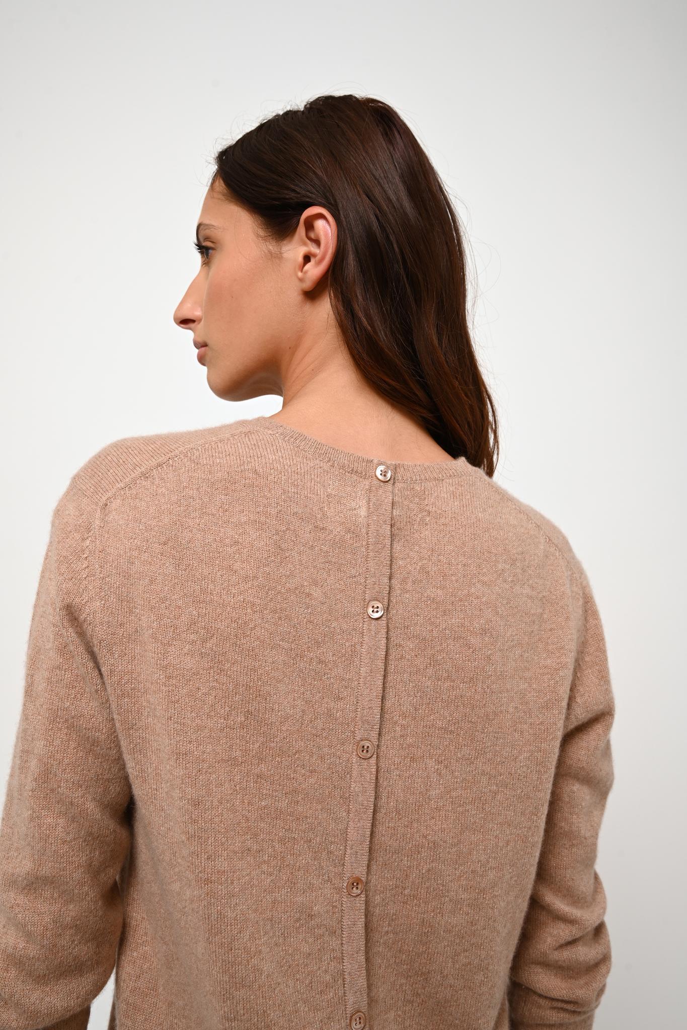 ESTARIS pull col rond boutonné dos camel chiné 100% cachemire