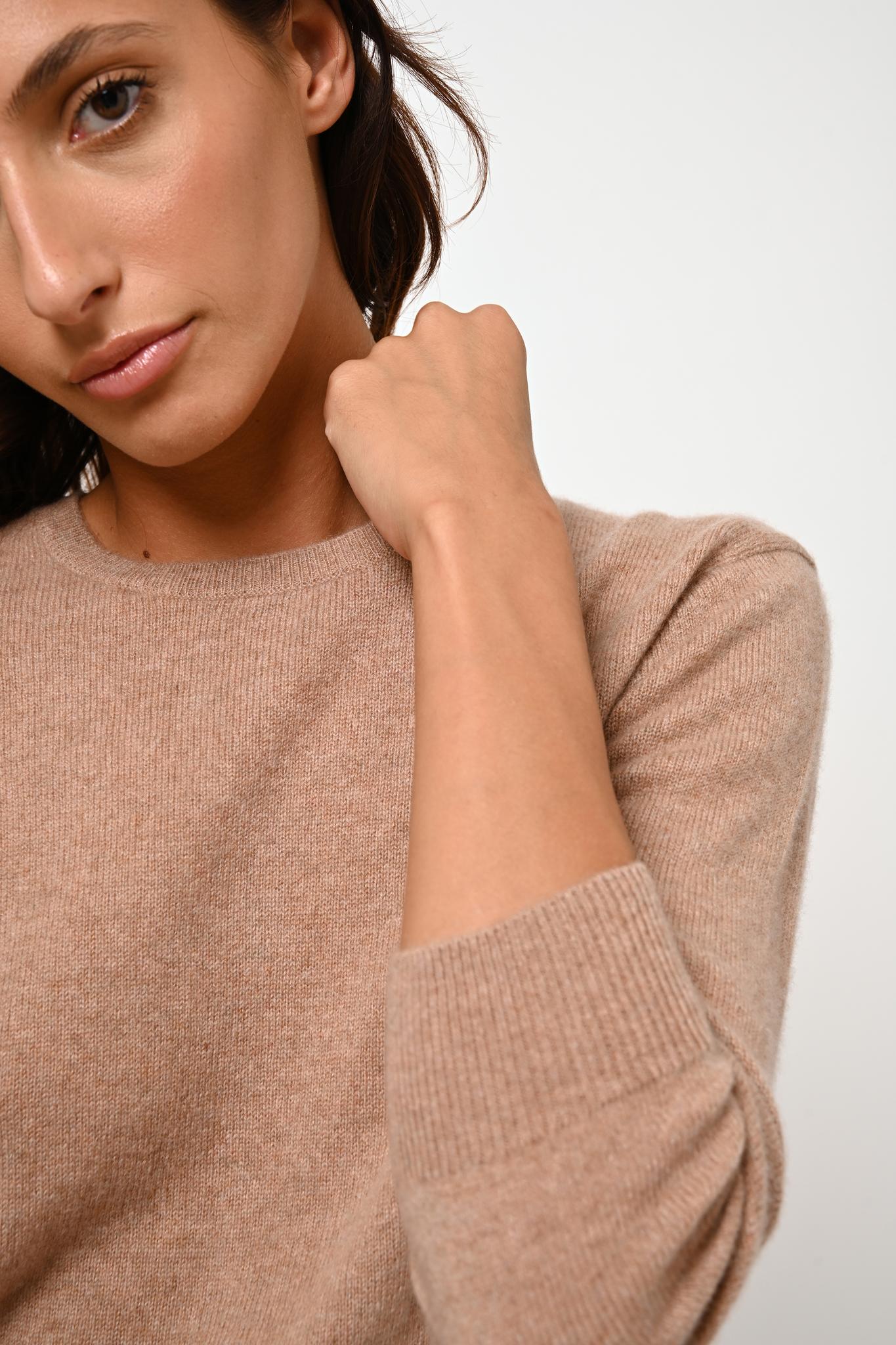 ESTARIS pull col rond boutonné dos camel chiné 100% cachemire