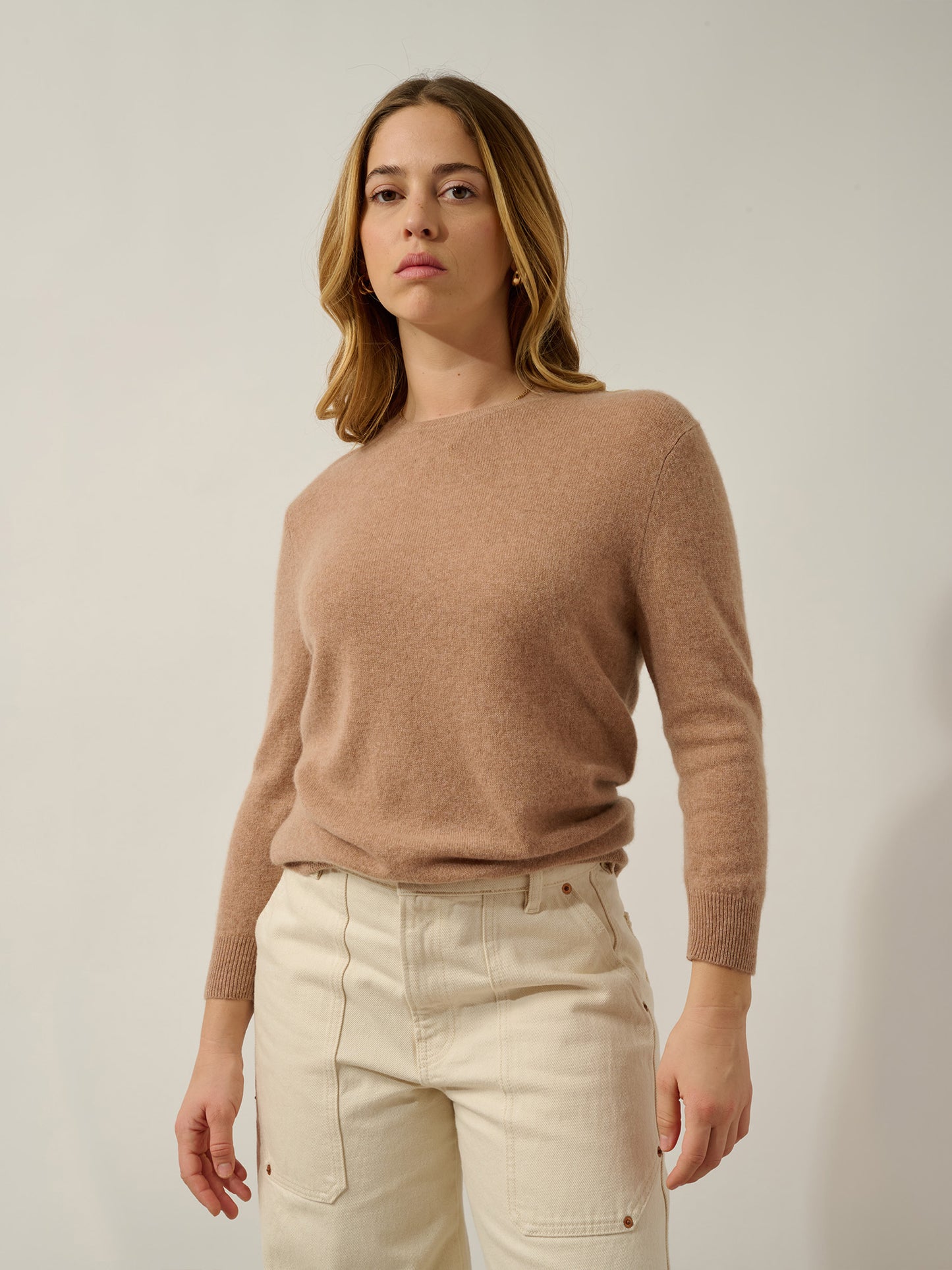 ESTARIS pull col rond boutonné dos camel chiné 100% cachemire