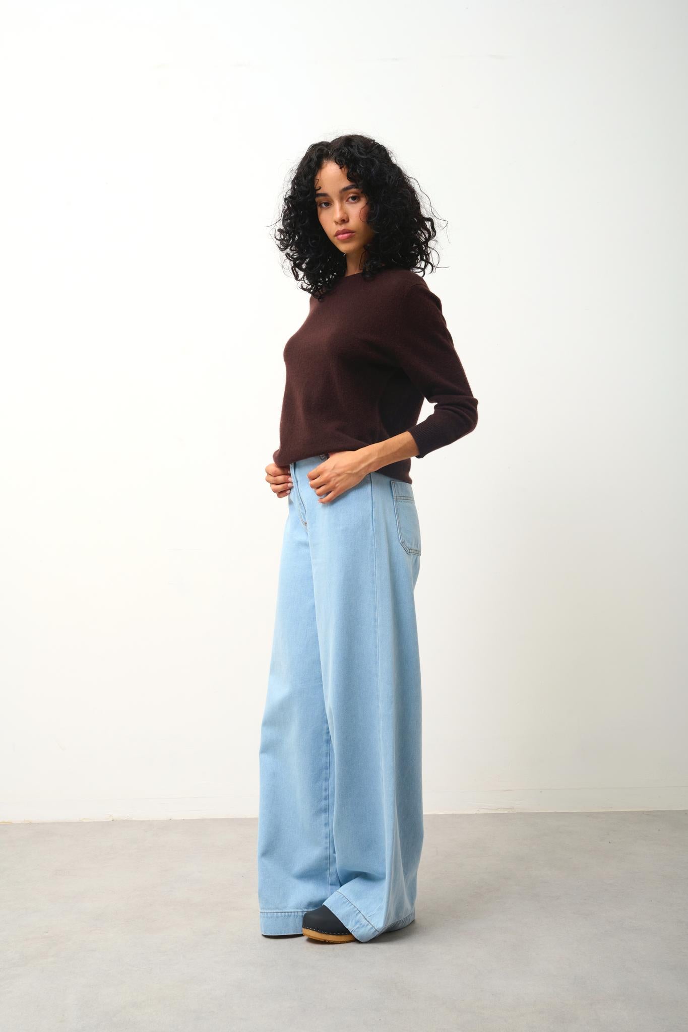 ESTARIS pull col rond boutonné dos choco 100% cachemire