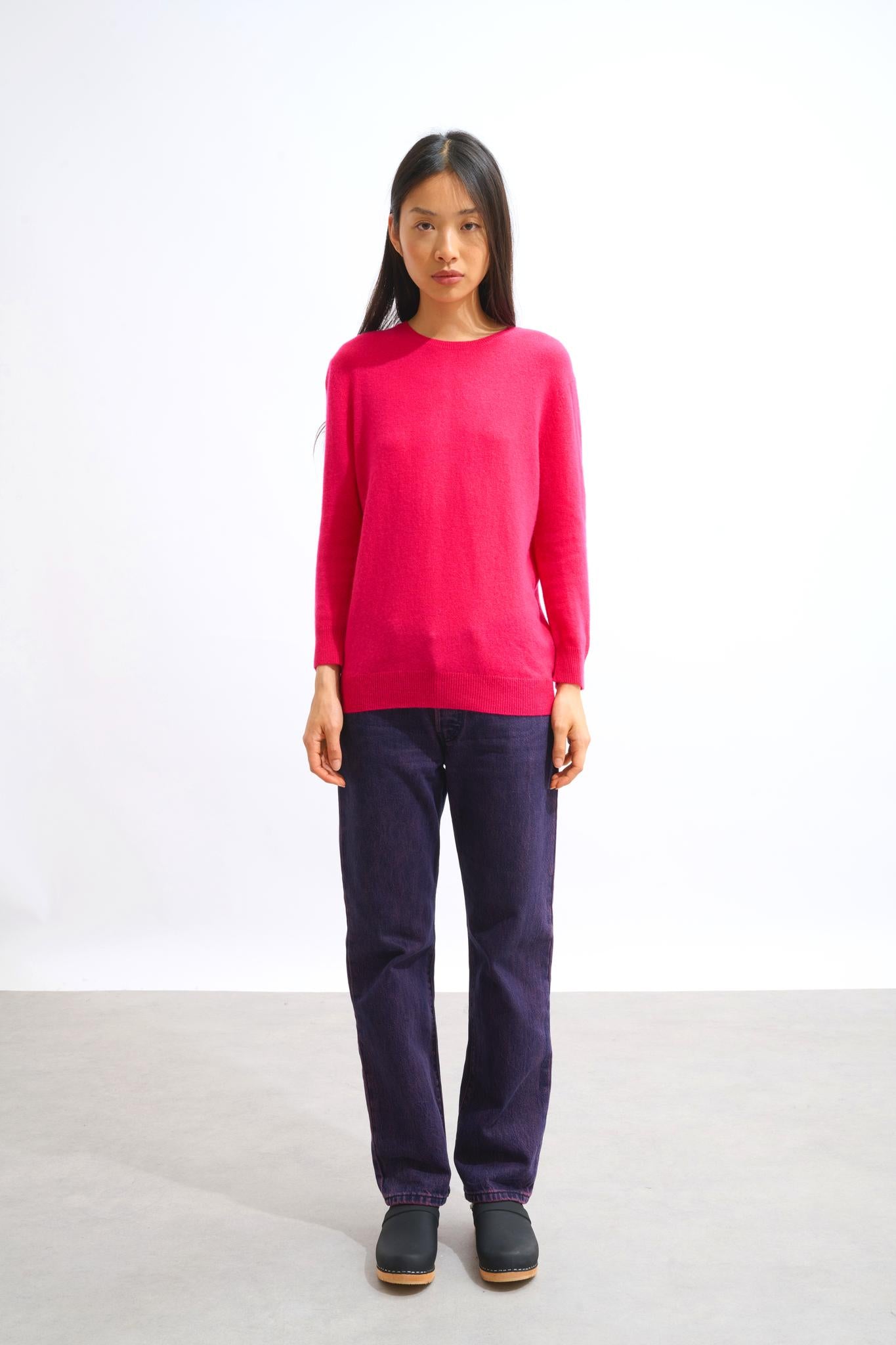 ESTARIS Rundhalspullover mit geknöpfter Rückseite fuchsia 100% Kaschmir