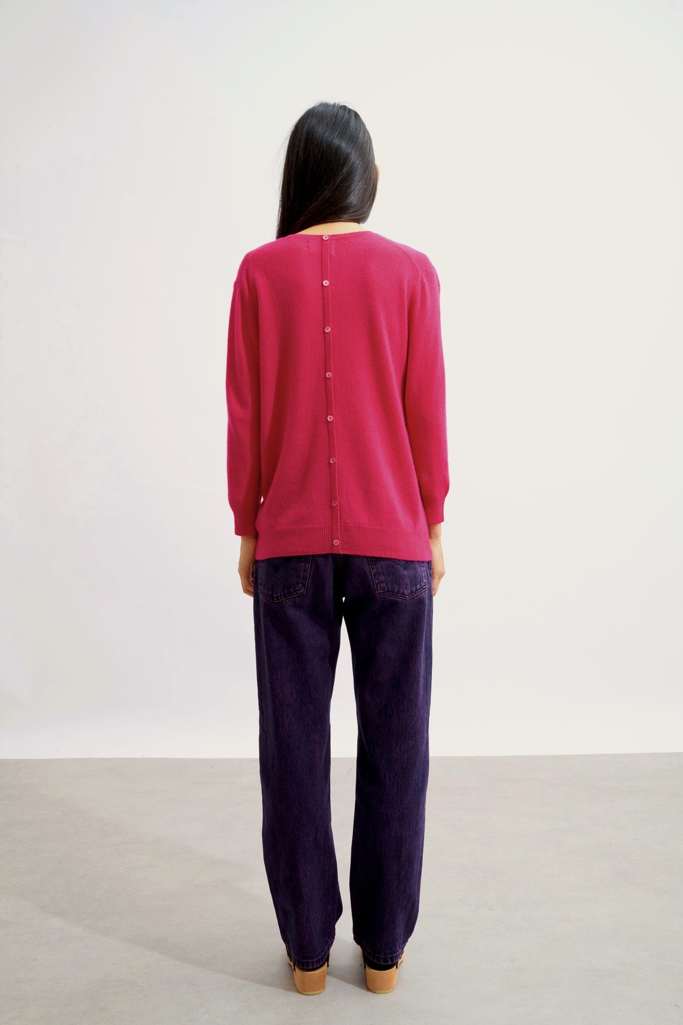 ESTARIS pull col rond boutonné dos fuchsia 100% cachemire
