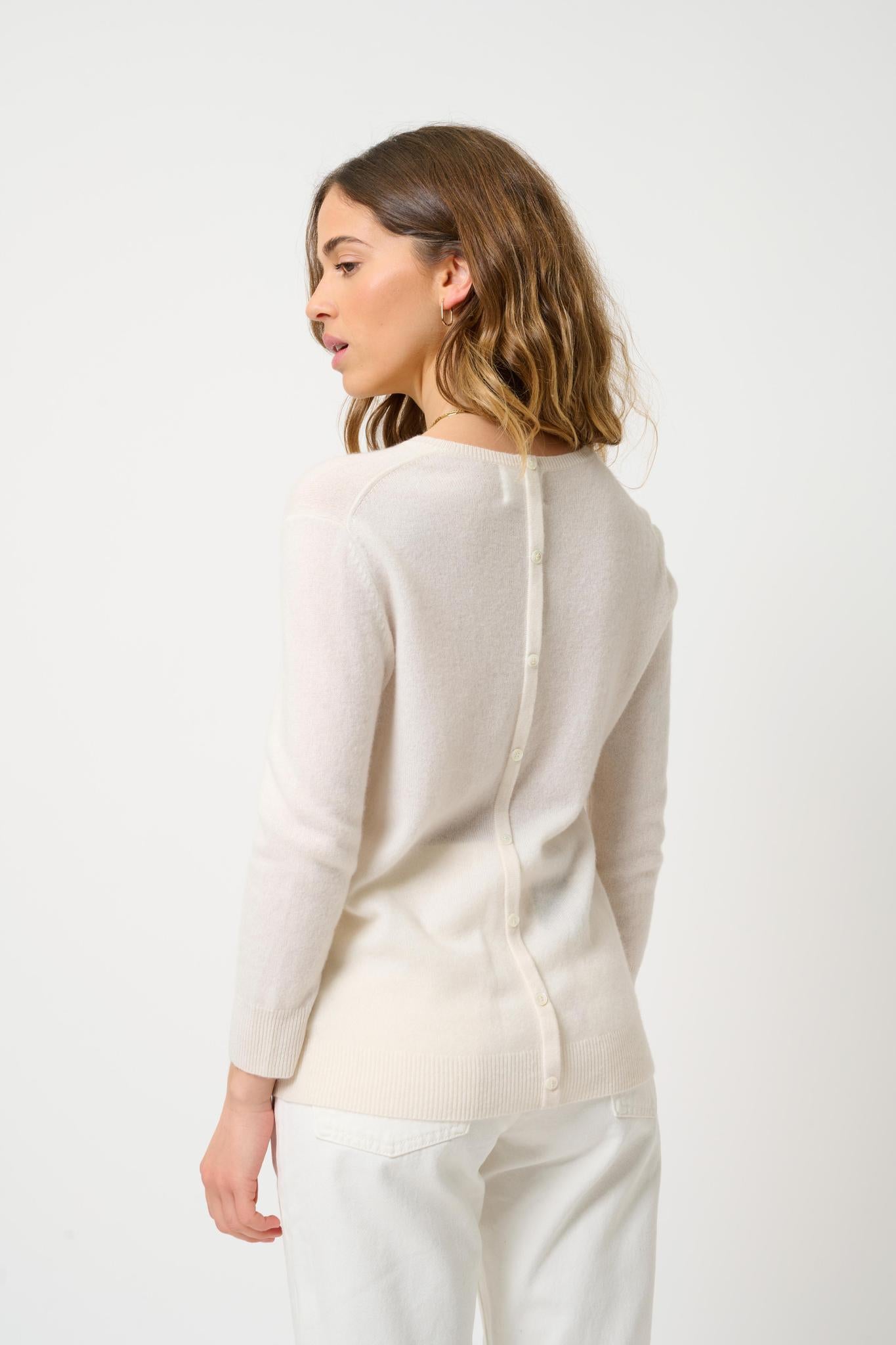 ESTARIS pull col rond boutonné dos ivoire 100% cachemire