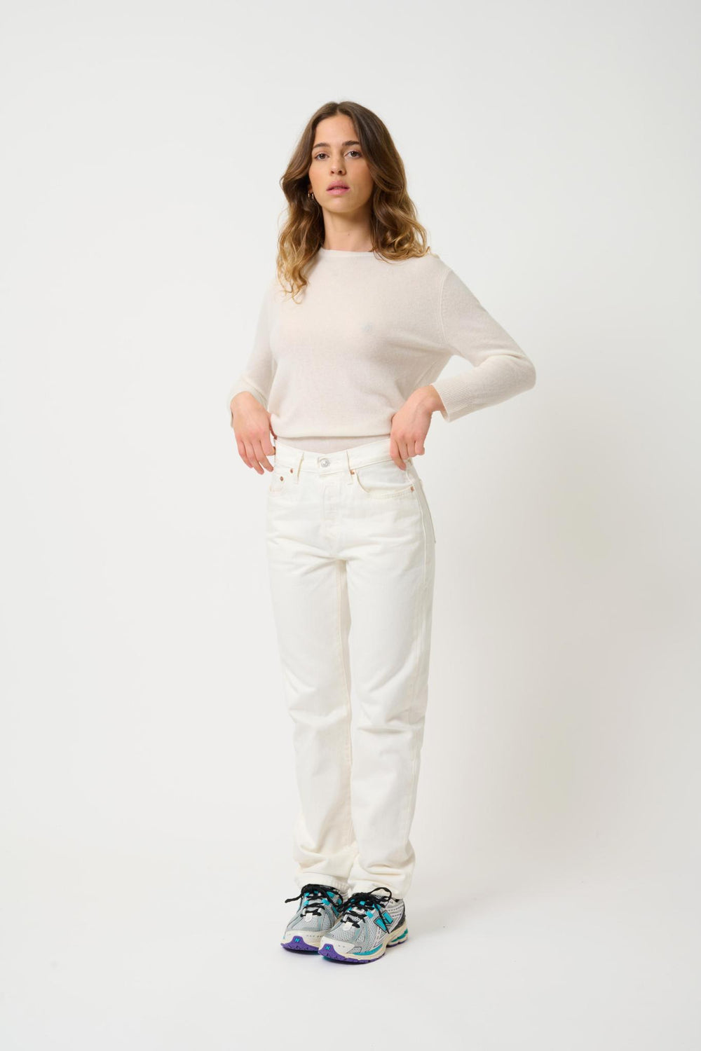 ESTARIS pull col rond boutonné dos ivoire 100% cachemire