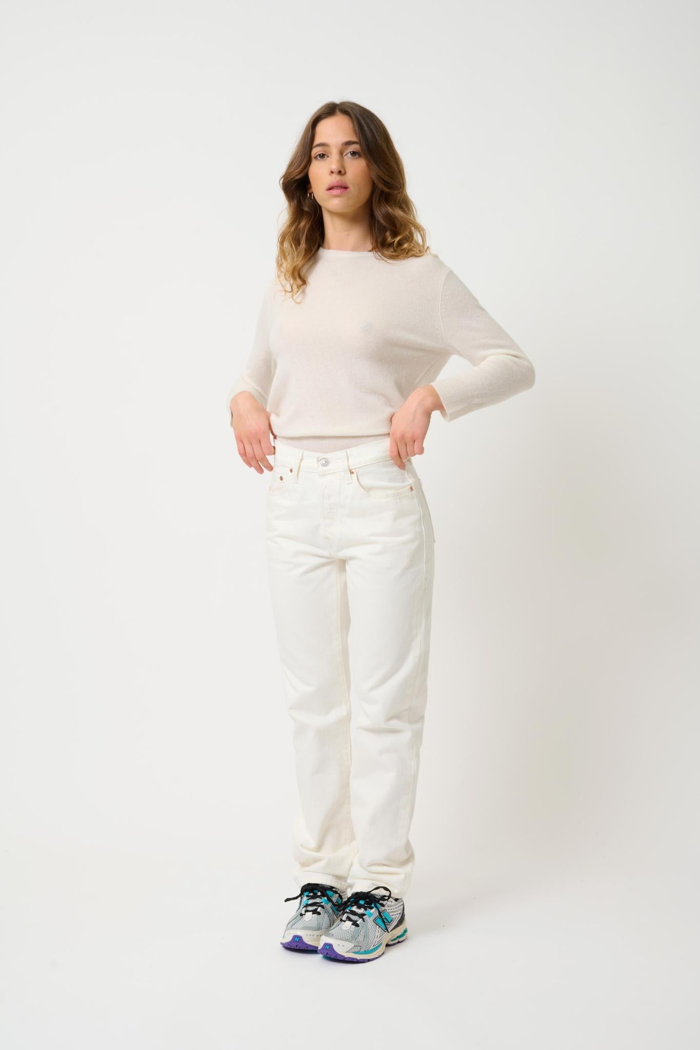 ESTARIS pull col rond boutonné dos ivoire 100% cachemire