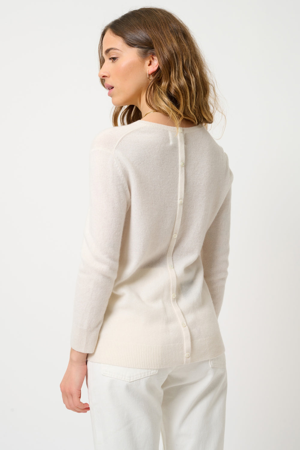 ESTARIS Pullover Rundhalsausschnitt geknöpft Rücken Elfenbein 100% Kaschmir