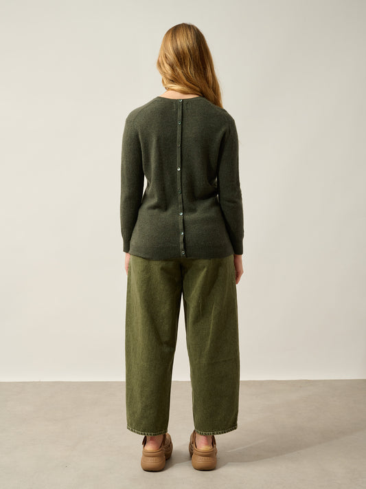 ESTARIS Pullover mit Rundhalsausschnitt und geknöpftem Rücken khaki meliert 100% Kaschmir